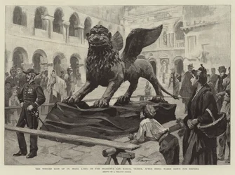 The Winged Lion of St Mark lying in the Piazzetta San Marco, Venice, after being taken down for repairs
